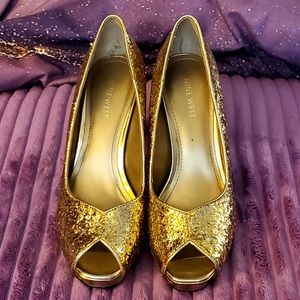 Gold Glitter Peep Toe Heels Size 8